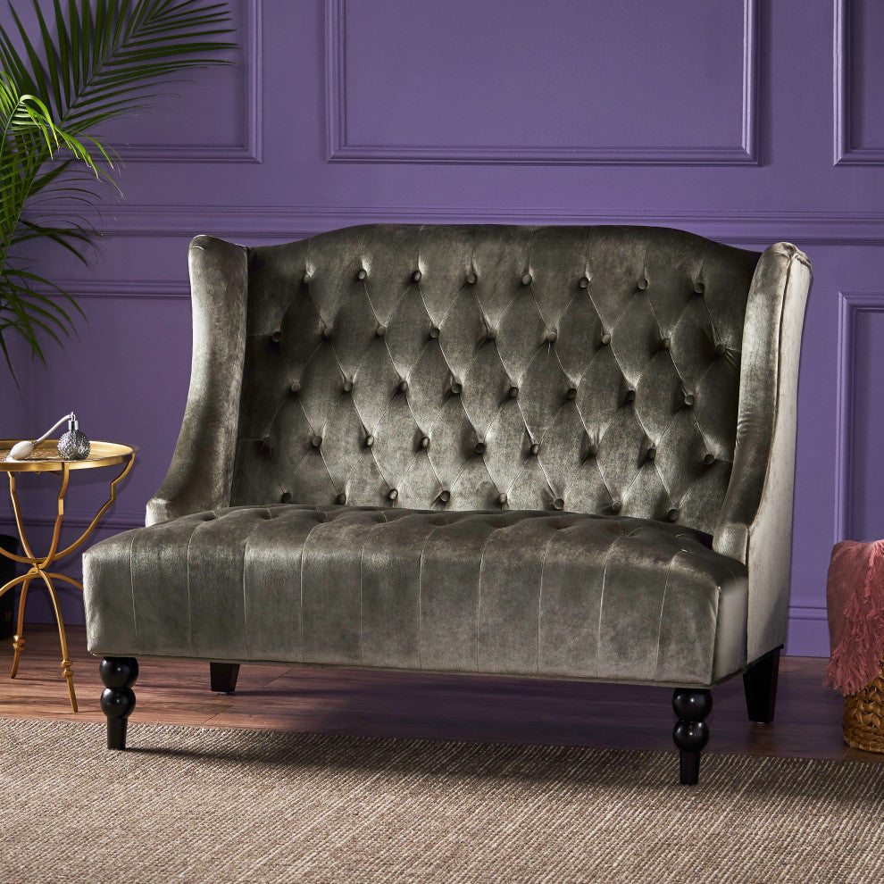GDF Studio Leona Traditional High Back Tufted Winged Fabric Loveseat, Gray