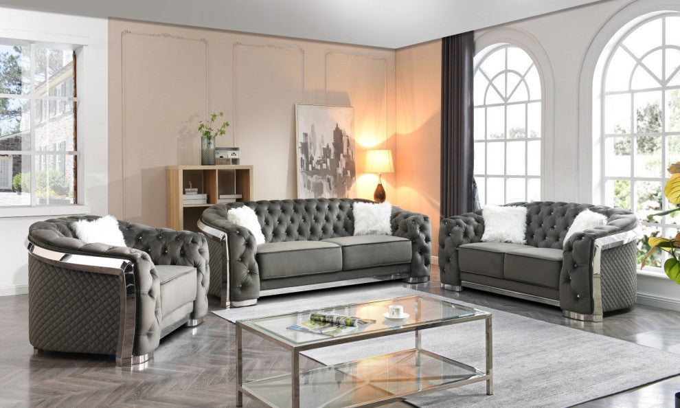 Sapphire Black Tufted Velvet Sofa With LED Lights, Gray