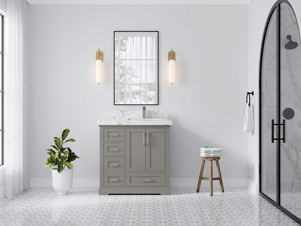 Boston 36" Right Offset Bath Vanity in Elephant Skin Gray 2" Viola Gold