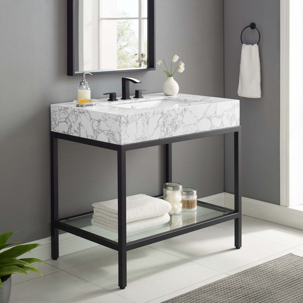 Sink Vanity Cabinet, Artificial Marble, Metal, Black White, Modern, Bathroom
