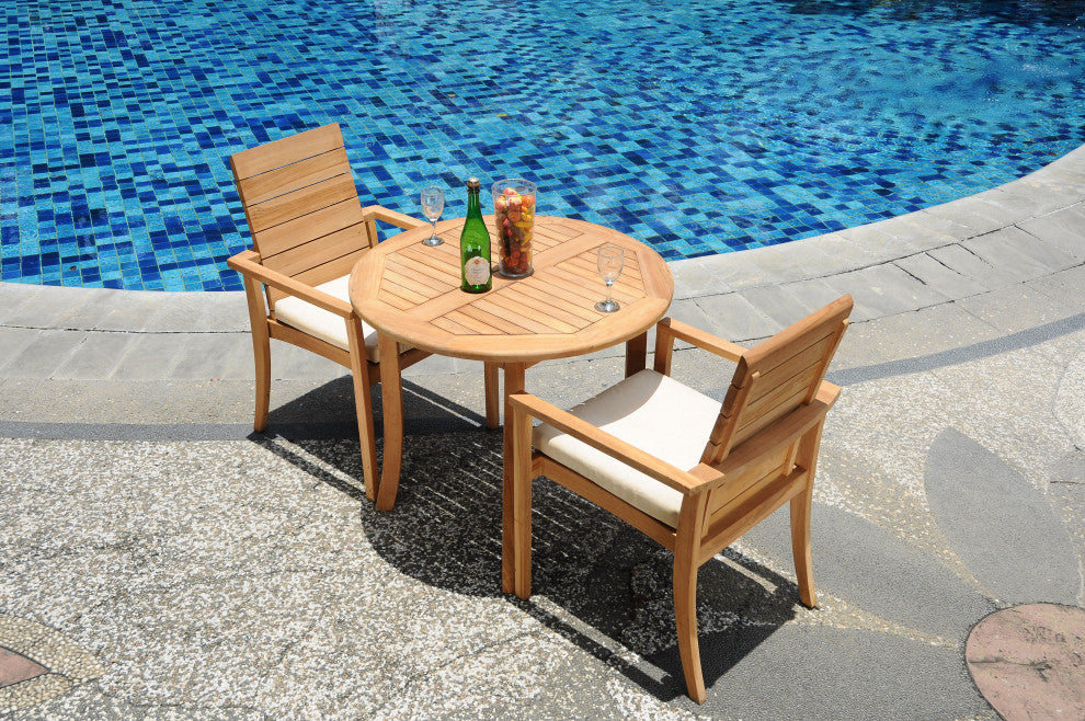 3-Piece Outdoor Teak Dining Set: 36" Round Table, 2 Alps Stacking Arm Chairs