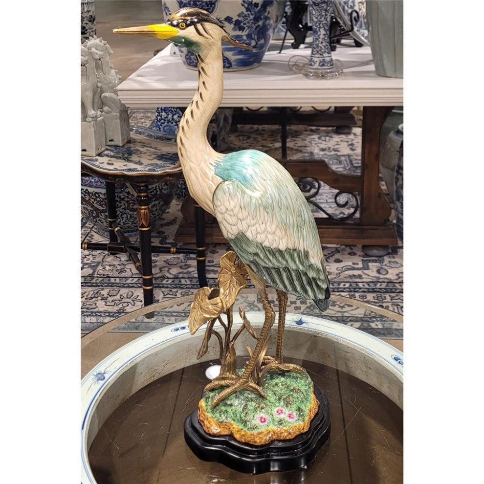 Blue Heron Figurine With Bronze Ormolu