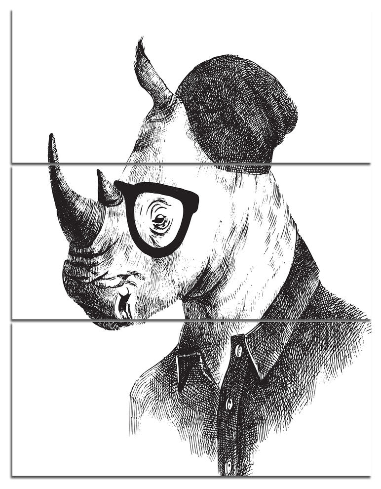 Hipster Rhino in Black and White, Animal Triptych Canvas Print, 28x36, 3 Panels