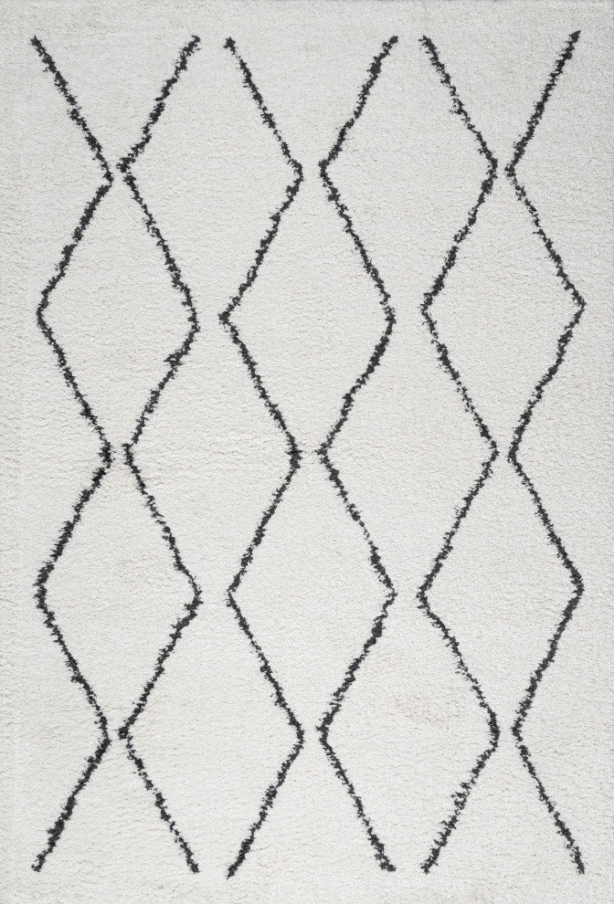 Catala Moroccan Diamond Shag Rug, White/Black, 3'x5'