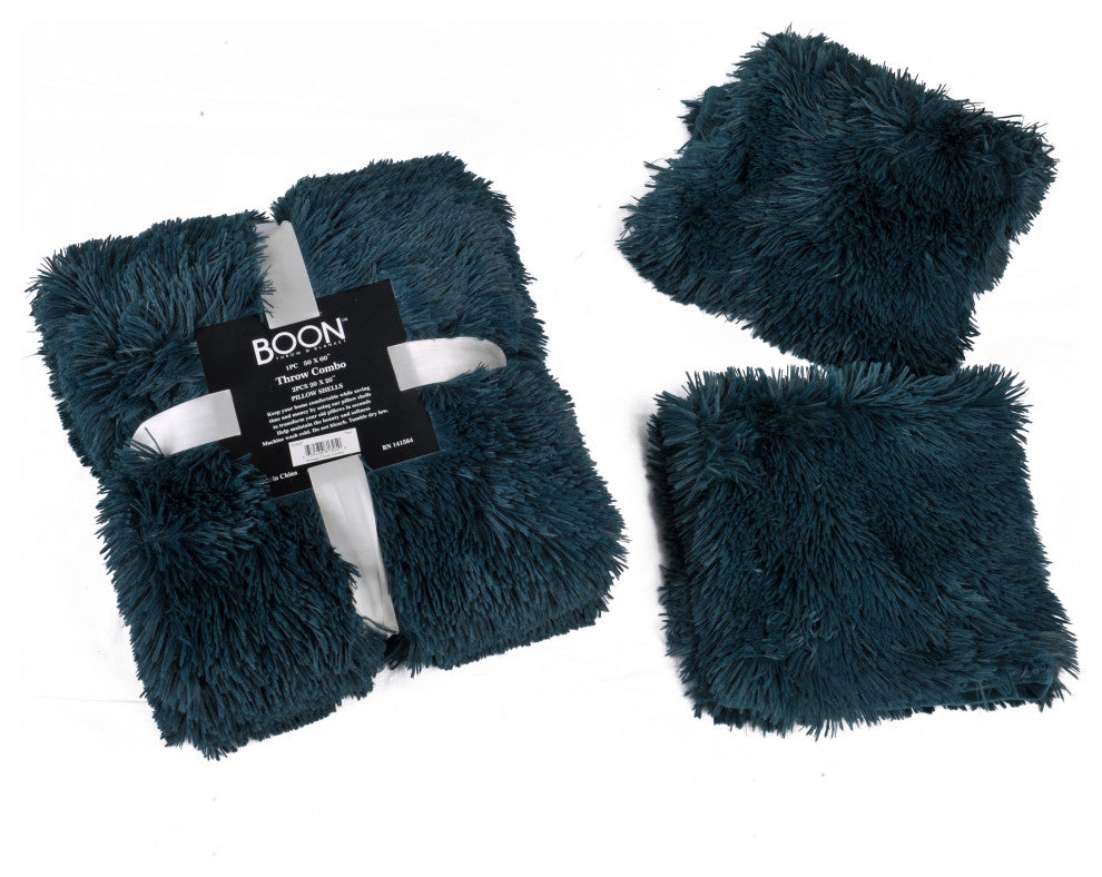 Shaggy Throw Blanket and 2 Pillow Shell 3 Piece Set, Teal, Throw 60"x80" and 2 Pillow Shells 20"x20"