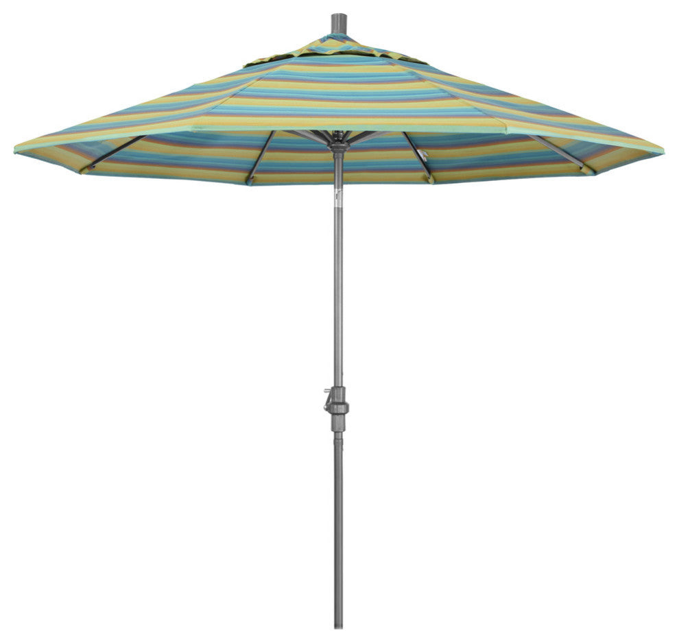 9' Grey Collar Tilt Crank Aluminum Umbrella, Sunbrella, Astoria Lagoon