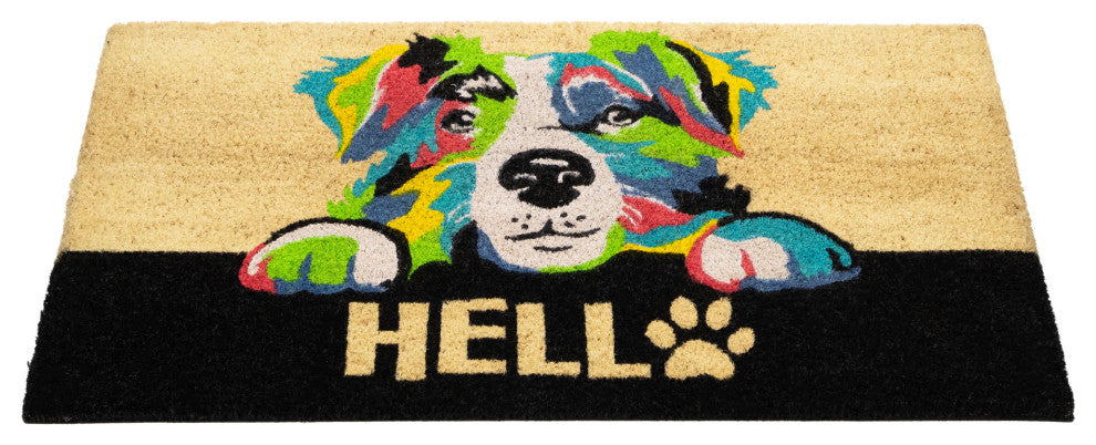Ivory and Black "Hello" Multicolor Dog Outdoor Coir Doormat 18" x 30"