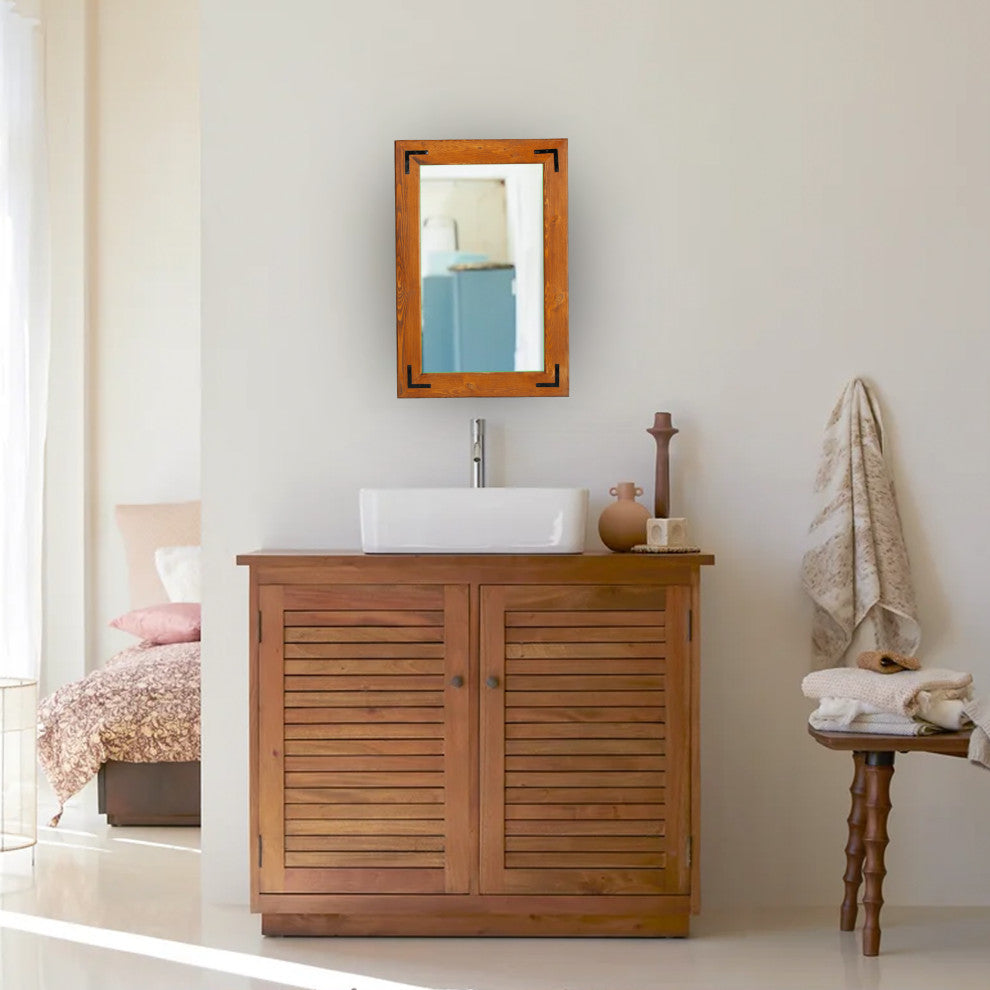 Natural Wood Framed With Metal Corner Bracket Mirror, Natural
