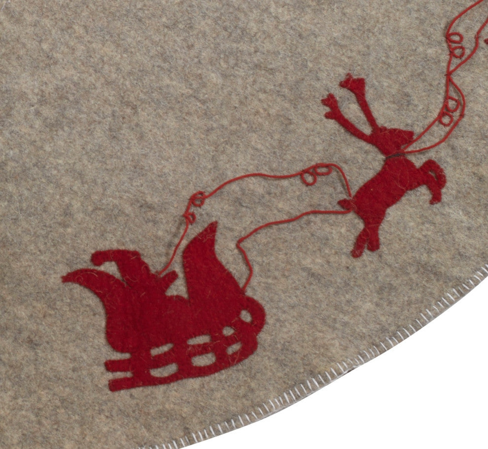 Reindeer Christmas Tree Skirt, Gray With Red Reindeer and Cream Whip Stitch, 72"