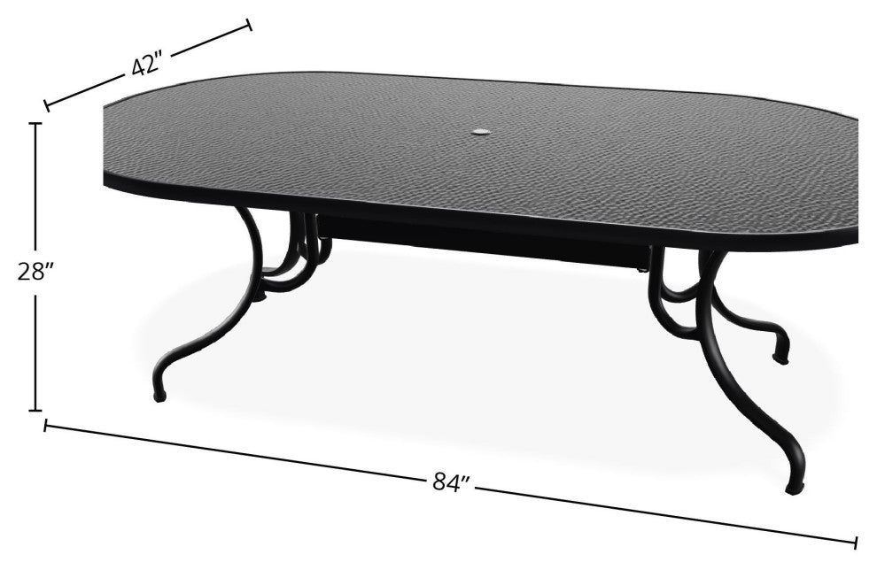 42" x 84" Oval Hammered Outdoor Dining Table with Umbrella Hole, Black