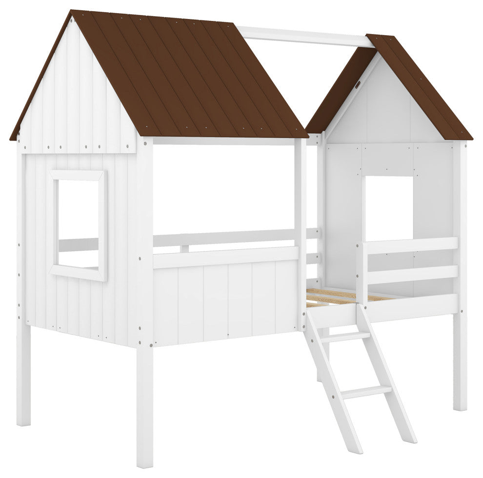 Gewnee Twin Size Low Loft Wood House Bed with Two Side Windows