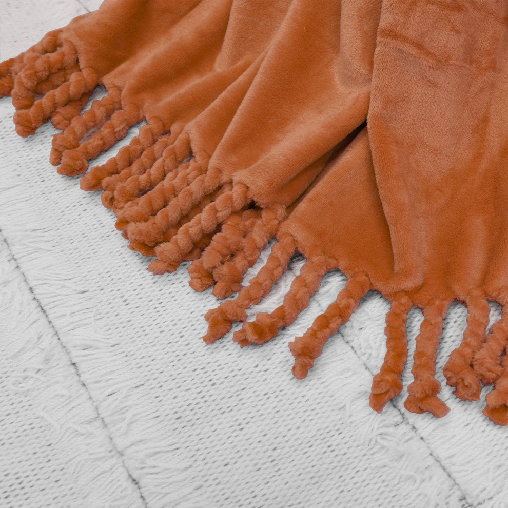 Braided Rope Flannel Fleece Throw, Burnt Orange, 60"x80"