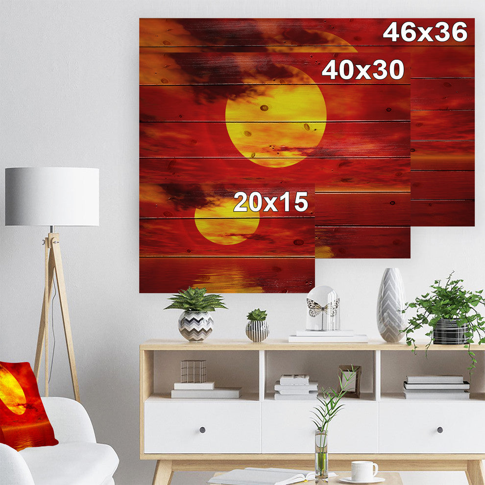 Designart Golden Sun Sinking Red Waters Seashore Wood Wall Art 46x36