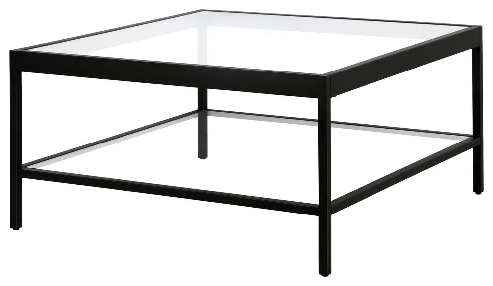 32" Clear And Black Glass And Steel Square Coffee Table With Shelf