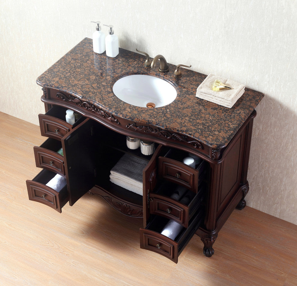 Stufurhome Cassandra 48" Single Sink Bathroom Vanity, Baltic Brown Granite Top