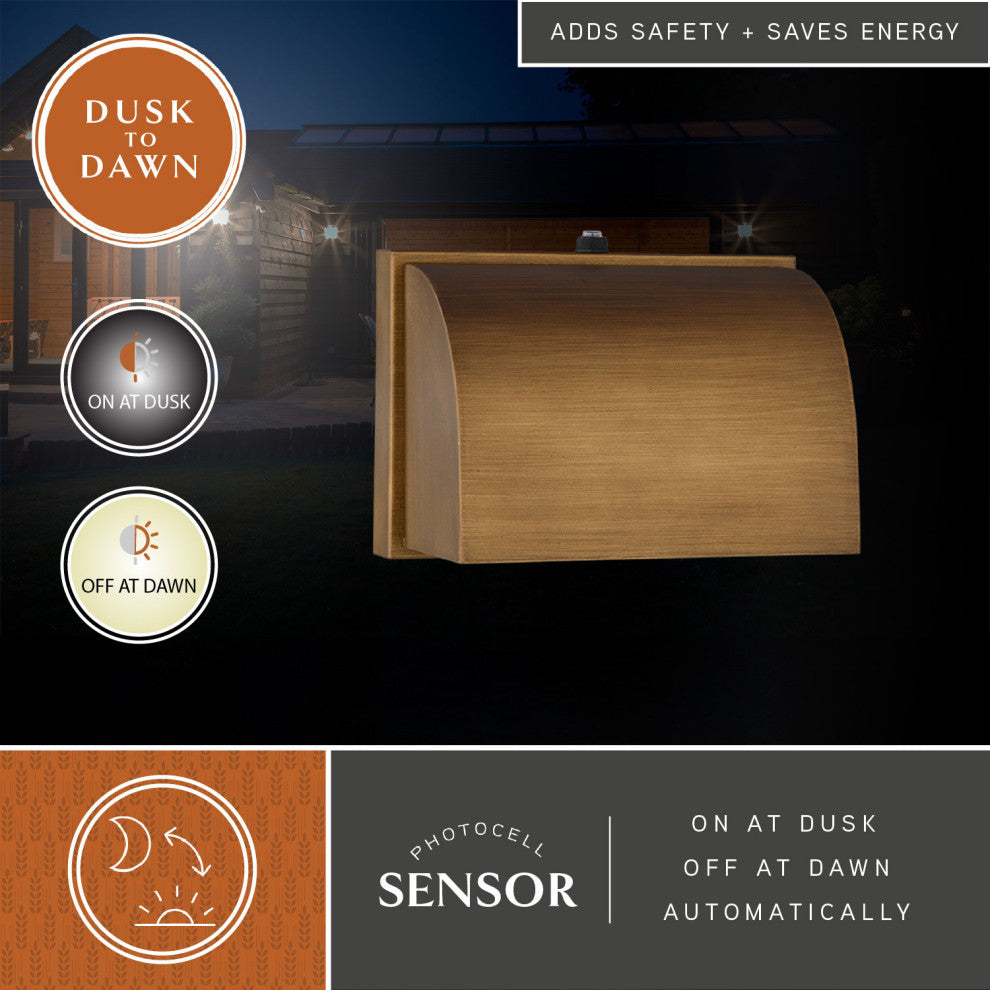 Walsh 1-Light Wrm Brass Dusk to Dawn Modern Outdoor Wall Sconce Fixture Dark Sky, Warm Brass, 7"wx4.75"hx4"d