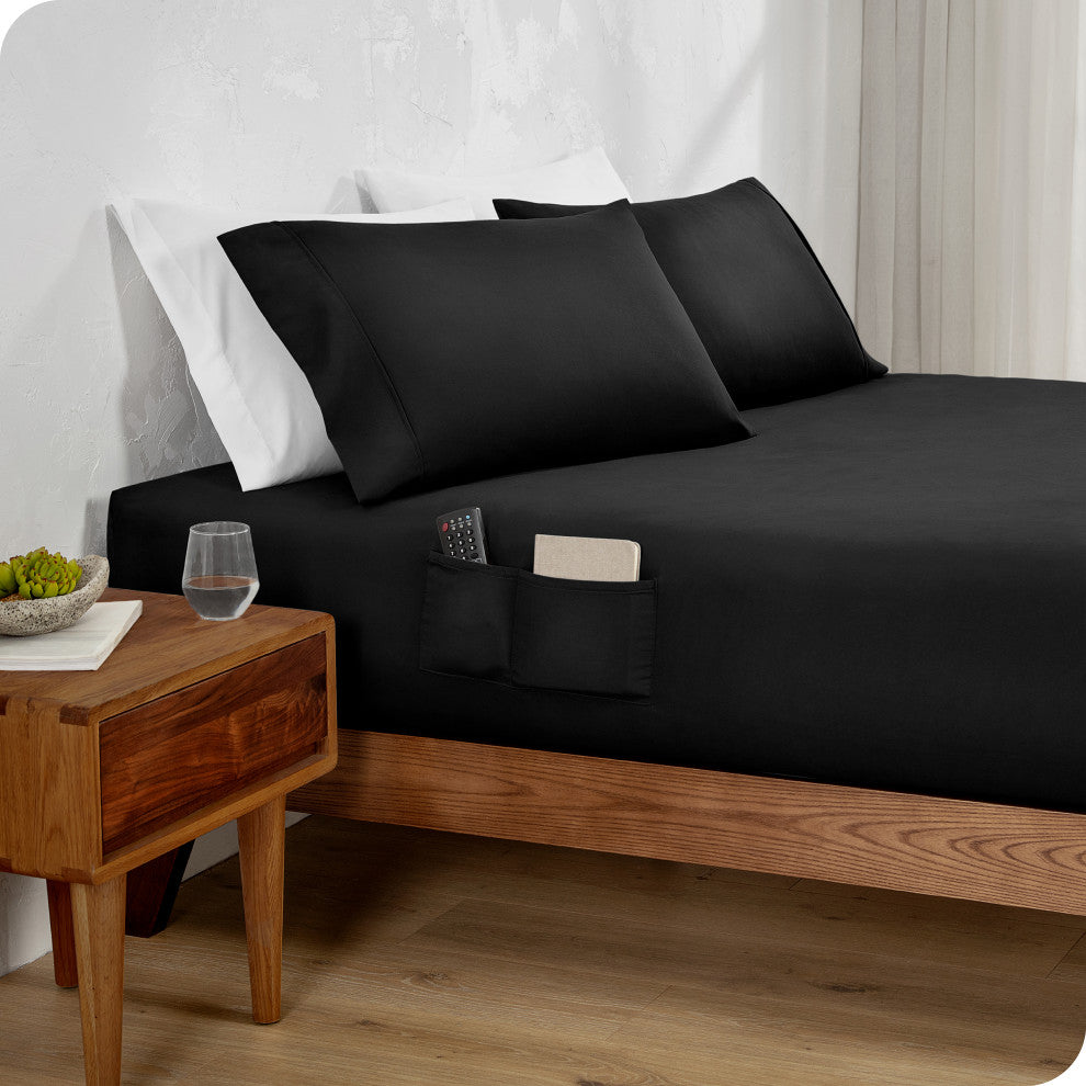 Fitted Dual Pocket Bottom Sheet 1800 Microfiber Ultra-Soft, Black, Queen