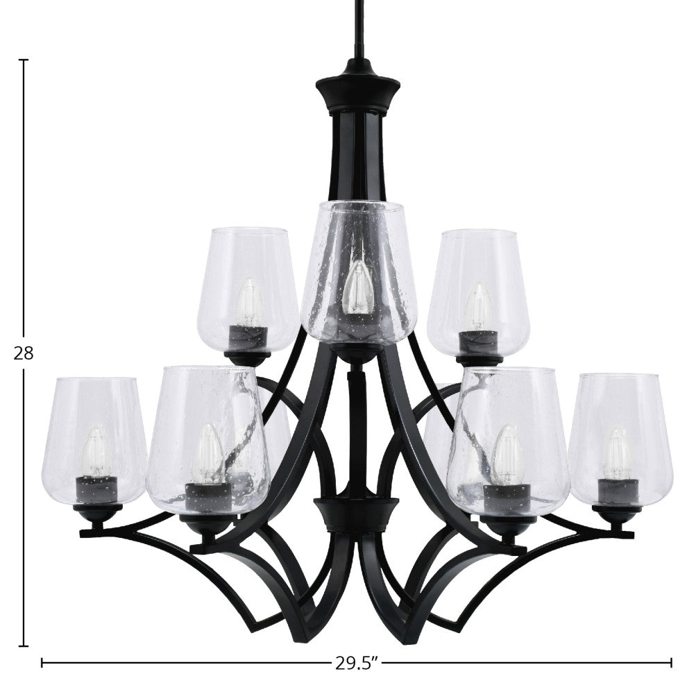 Zilo, 9 Light, Chandelier, Matte Black Finish With 5" Clear Bubble Glass