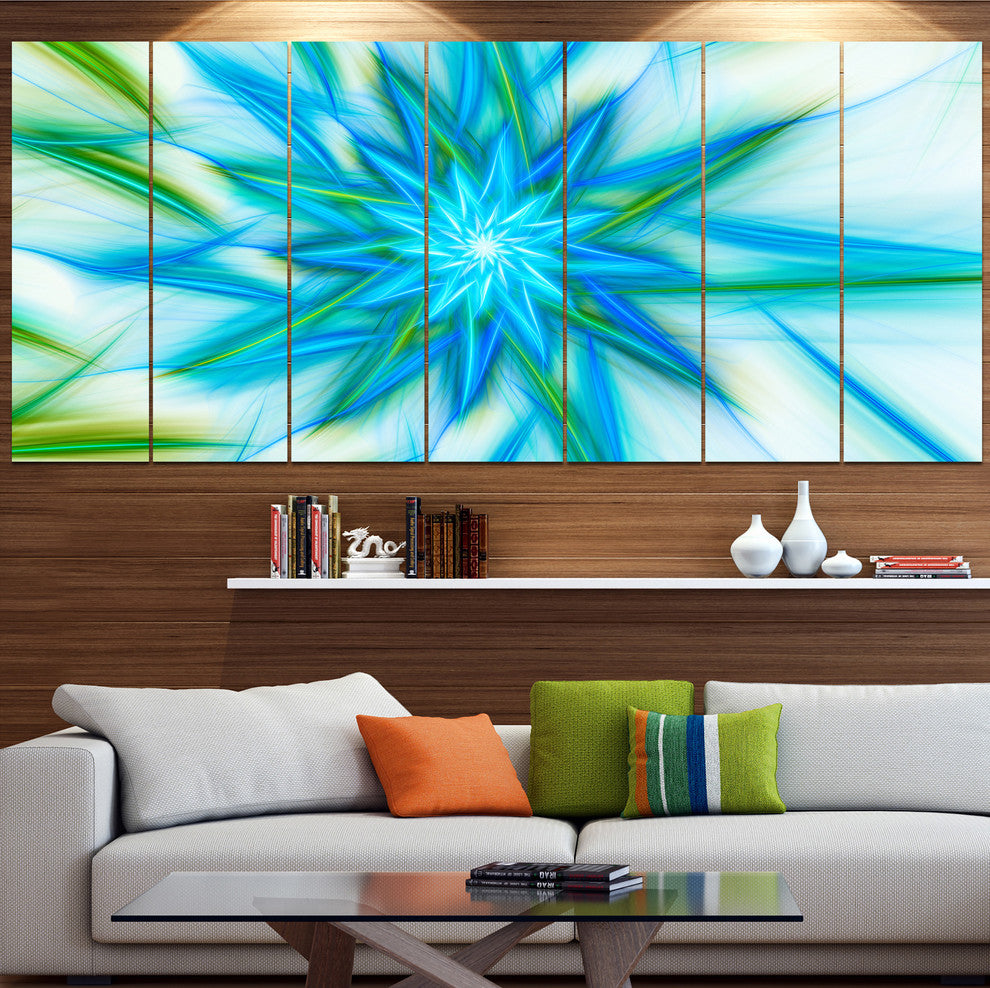 Blue Fractal Shining Bright Star, Abstract Canvas Art Print, 83"x32", 7 Panels