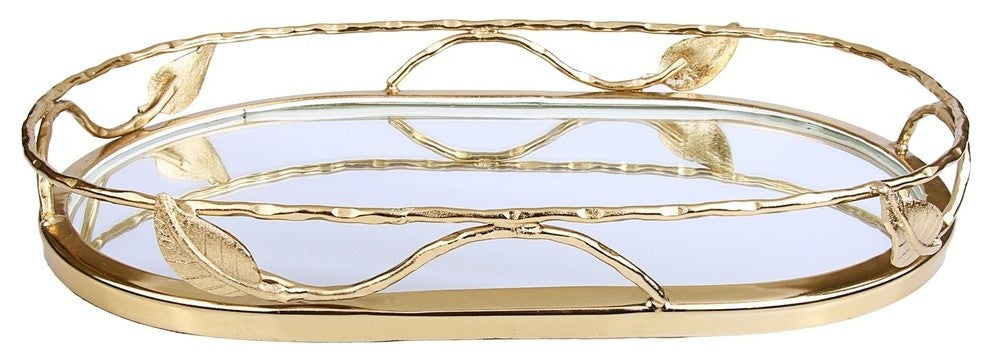 Classic Touch Oval Shaped Mirror Tray With Gold Leaf Design - 16"L