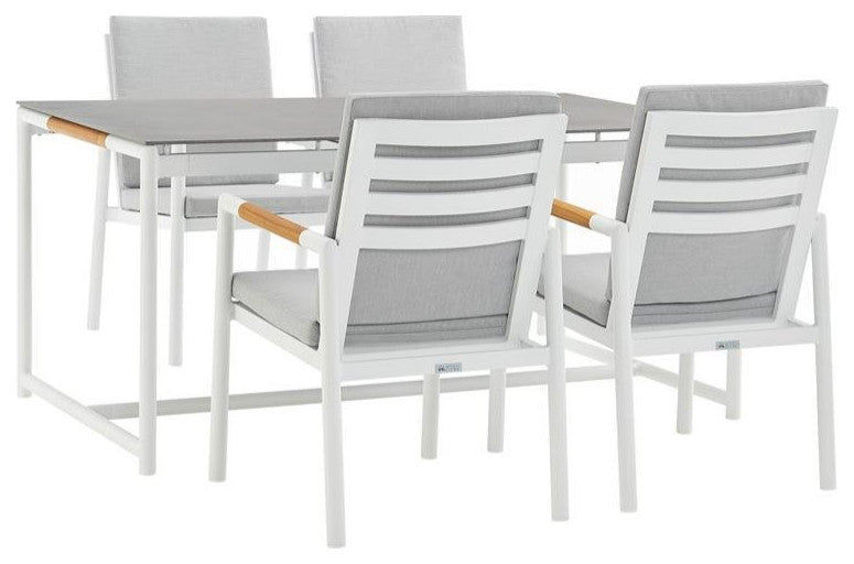 Crown 5-Piece White Aluminum and Teak Outdoor Dining Set With Light Gray Fabric
