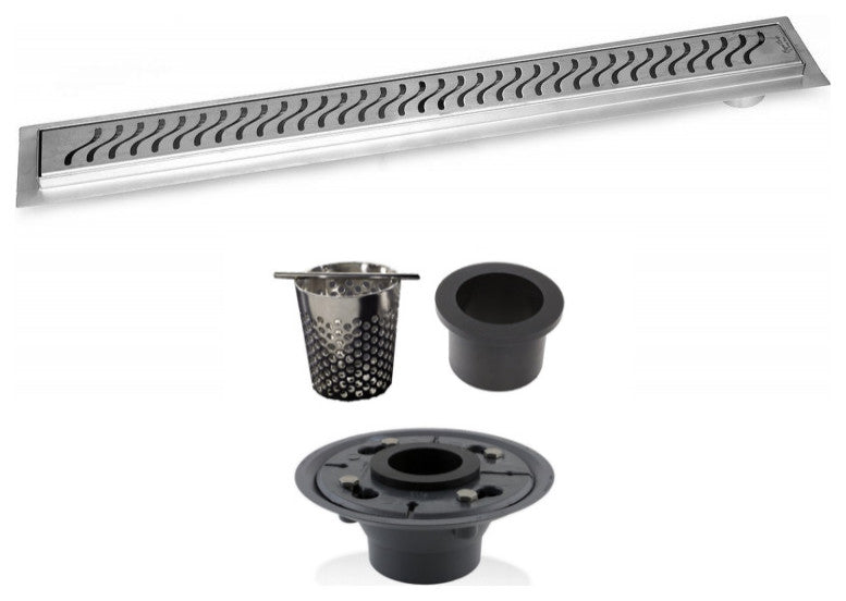 Offset Linear Drain, 48 Inch Side Outlet Linear Drain Complete Set, Ocean Wave