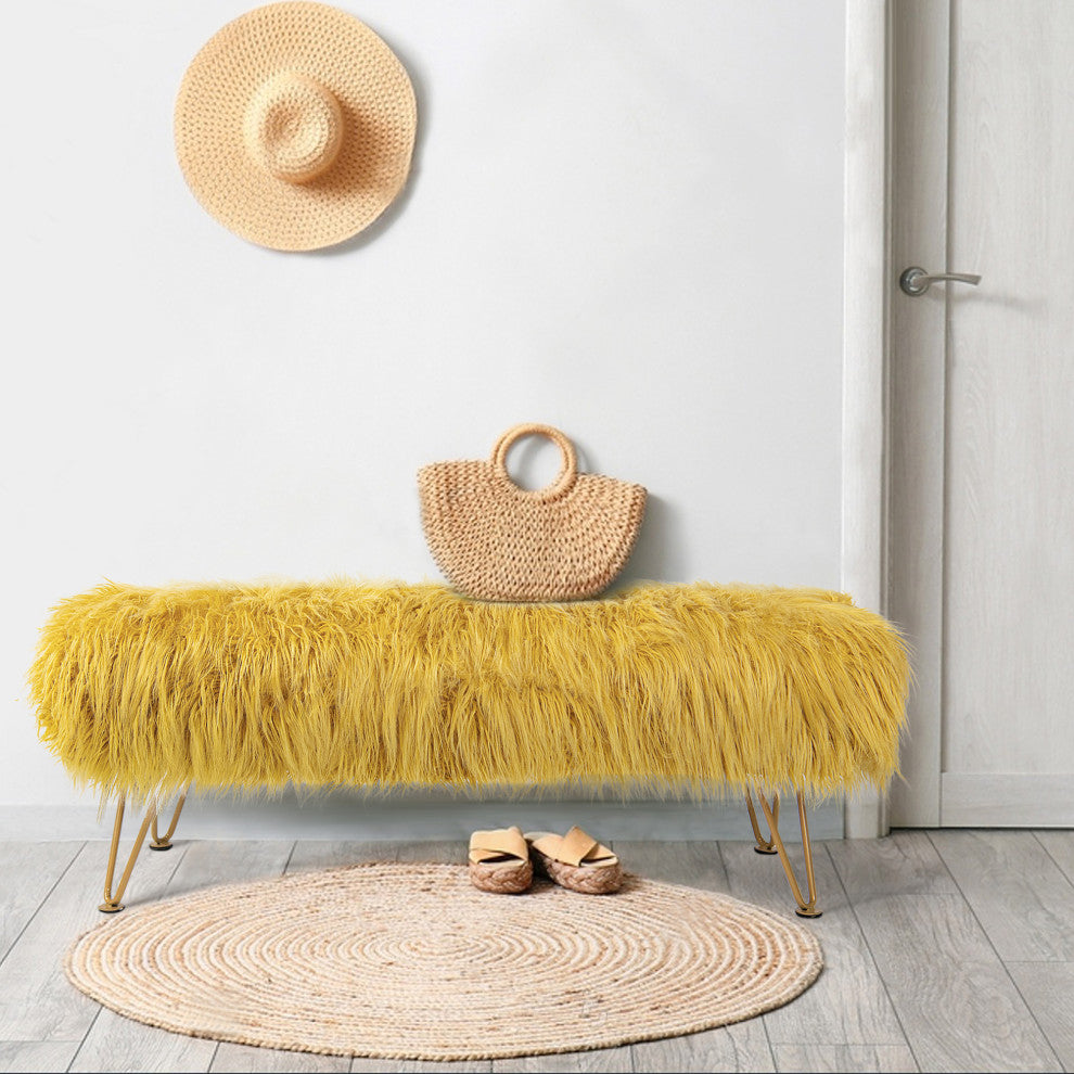 Mongolian Faux Fur Upholstered Ottoman Bench, Lemon Curry, 46x16x22