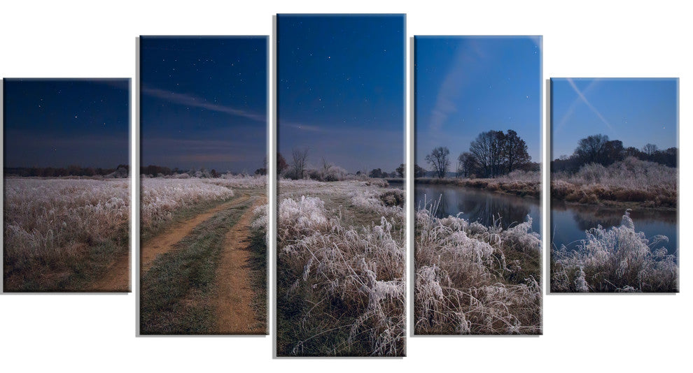 "Frosty Fall Night in Moonlight" Landscape Print Wall Artwork, 5 Panels, 60"x32"