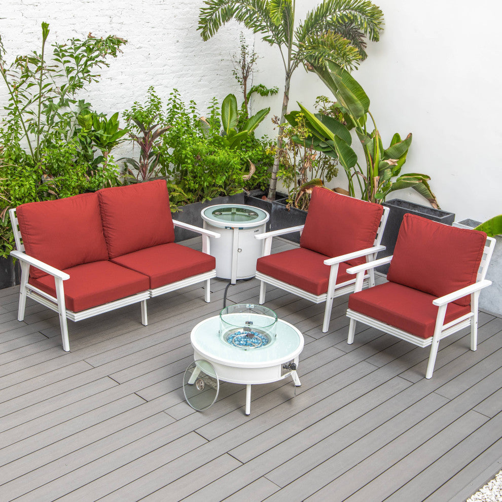LeisureMod Walbrooke White Patio Conversation Set With Fire Pit, Red