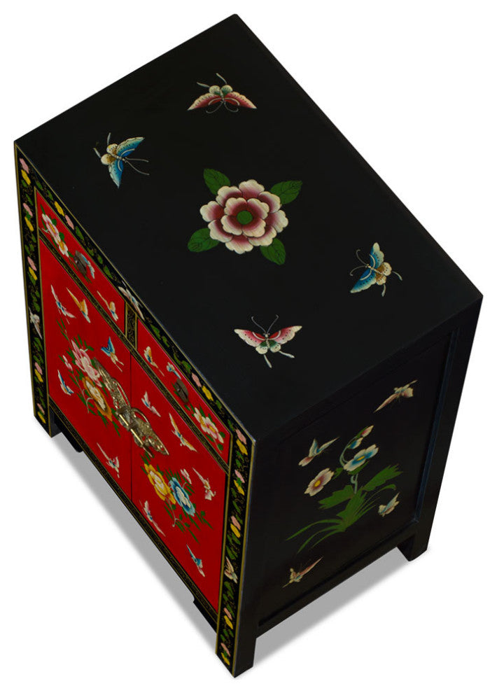 Red and Black Hand Painted Elmwood Butterfly Motif Oriental Cabinet