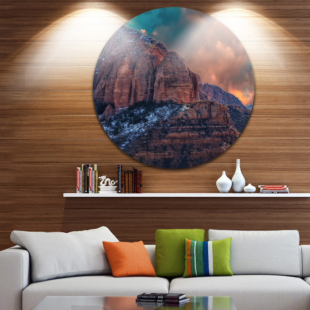 Red Rock Under Sunrise Sky, Landscape Photo Disc Metal Wall Art, 11"