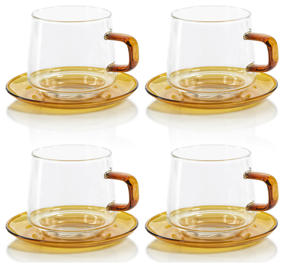 Bergamo Glass Tea and Coffee Cups and Saucers, Set of 4, Amber