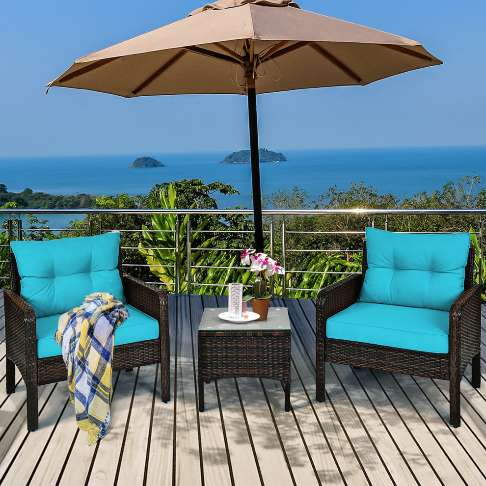 Costway 3PCS Outdoor Rattan Conversation Set Patio Cushioned Sofa Turquoise