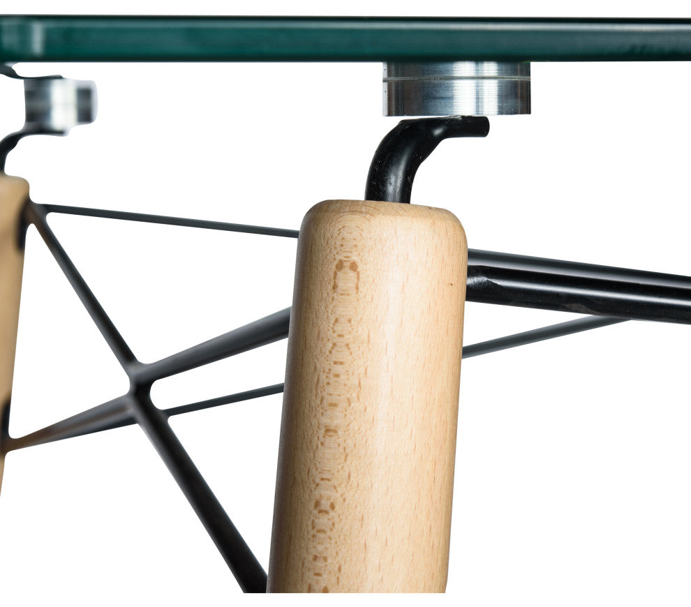 LeisureMod Dover 4' Square Top Dinin Table, Natural Wood Eiffel Base, Clear Glass