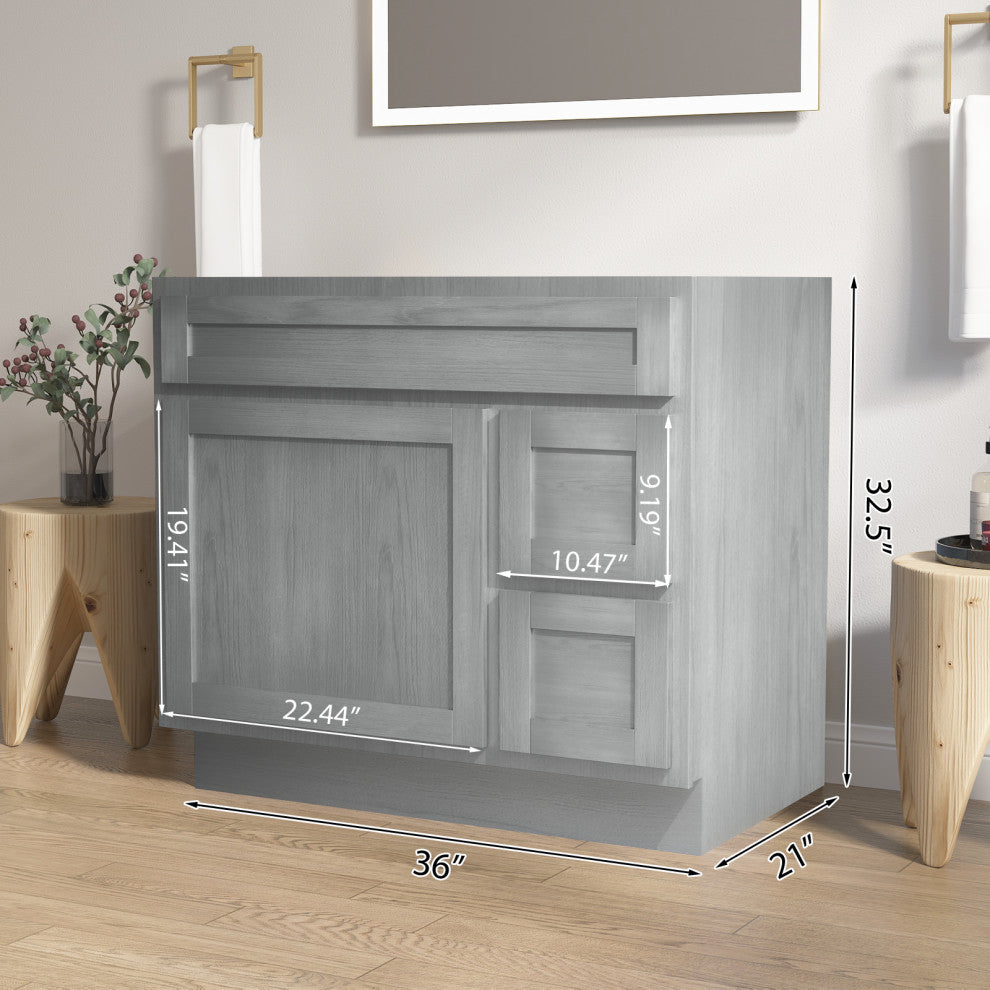 Vanity Art Vanity Base Cabinet, No Top, Drawers on Right, 36", Silver