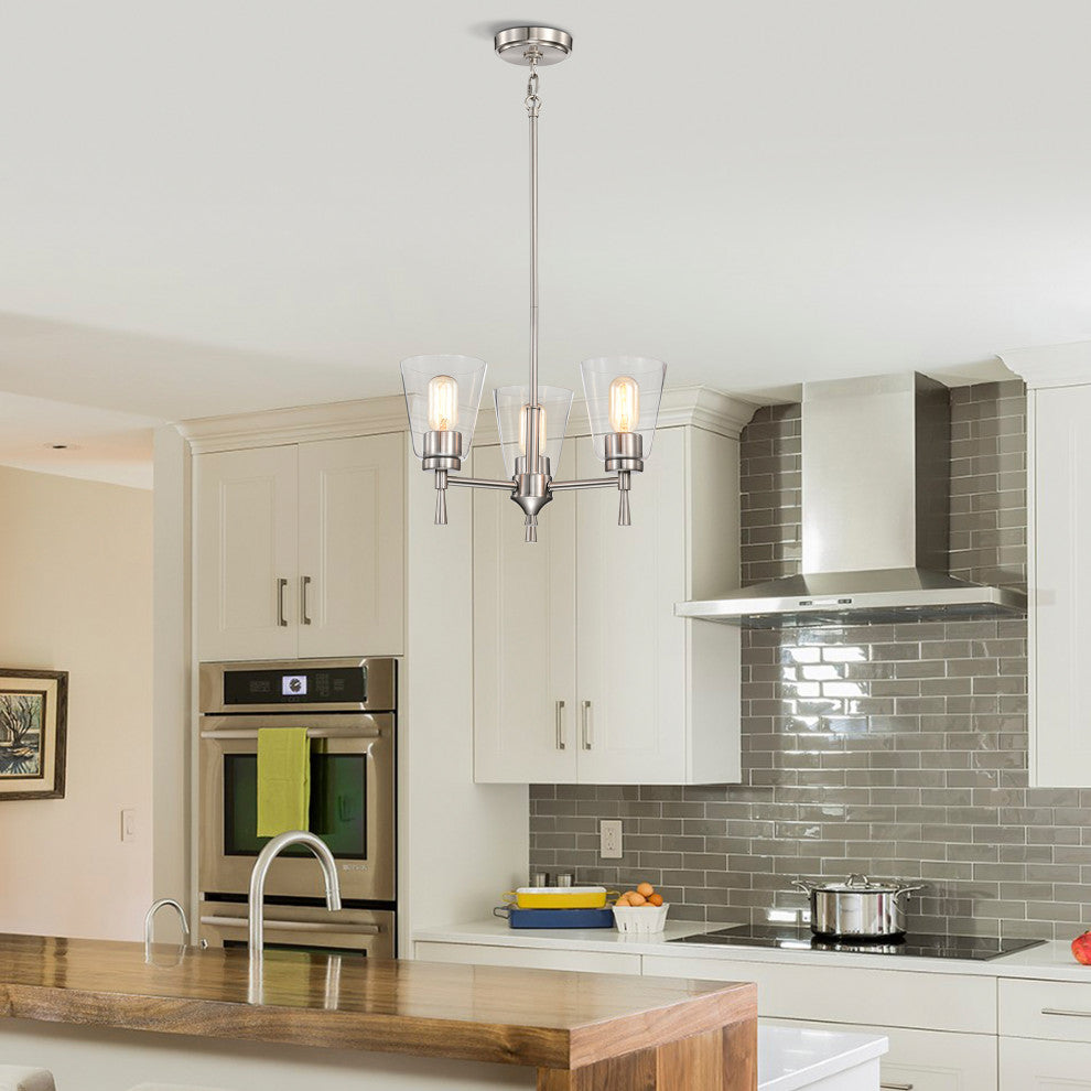 3-Light Brushed Nickel Modern Chandelier With Clear Cone Glass Shades