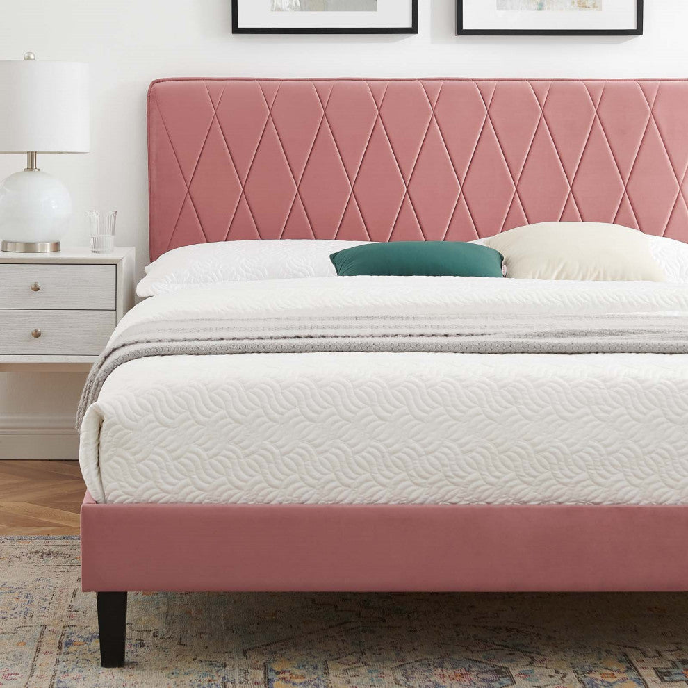 Platform Bed Frame, King Size, Velvet, Pink, Modern Contemporary, Bedroom Master
