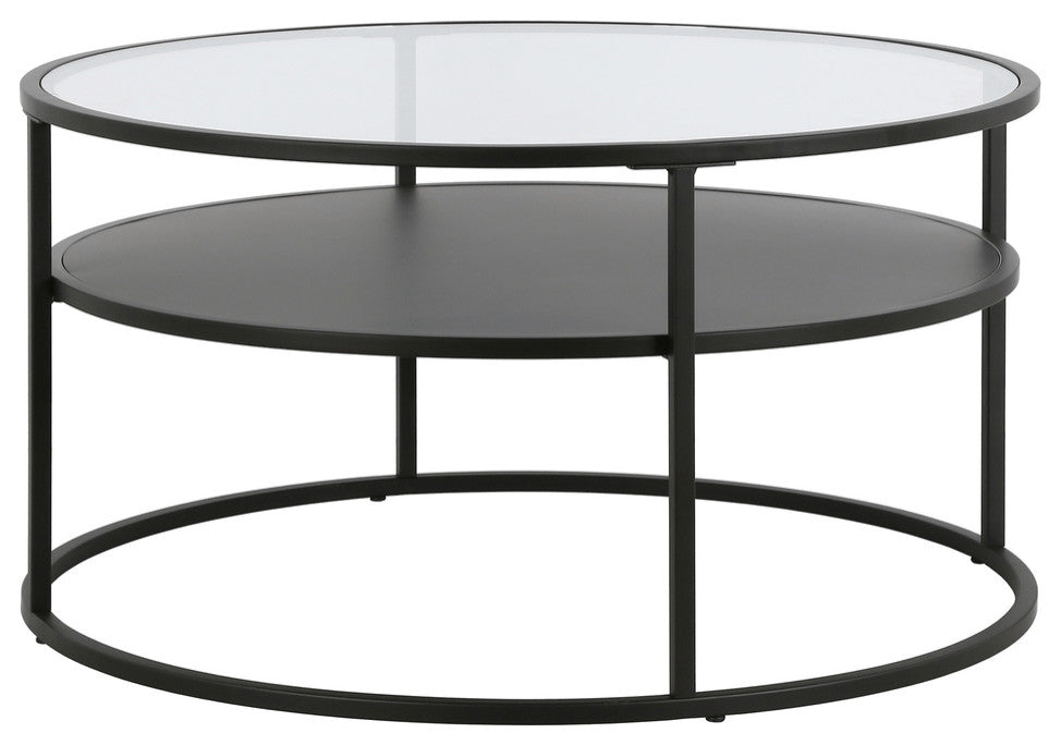 32" Black Glass And Steel Round Coffee Table With Shelf