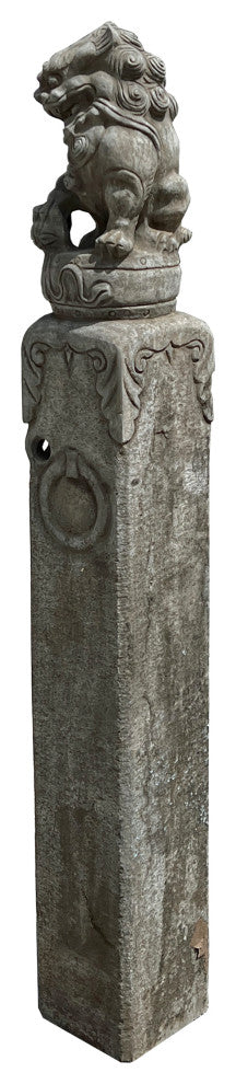 Chinese Pair Gray Stone Fengshui Foo Dogs Lion Slim Pole Statues Hcs7665