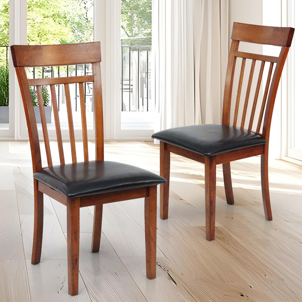 Set of 2 Classic Style Solid Wood Warm Dining Chairs, Medium Brown/Pu Leather