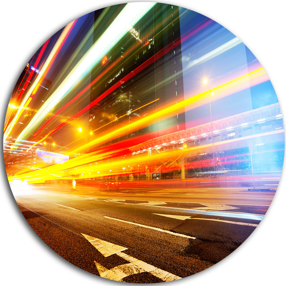Car Light Trails In Hong Kong, Cityscape Photo Disc Metal Wall Art, 23"