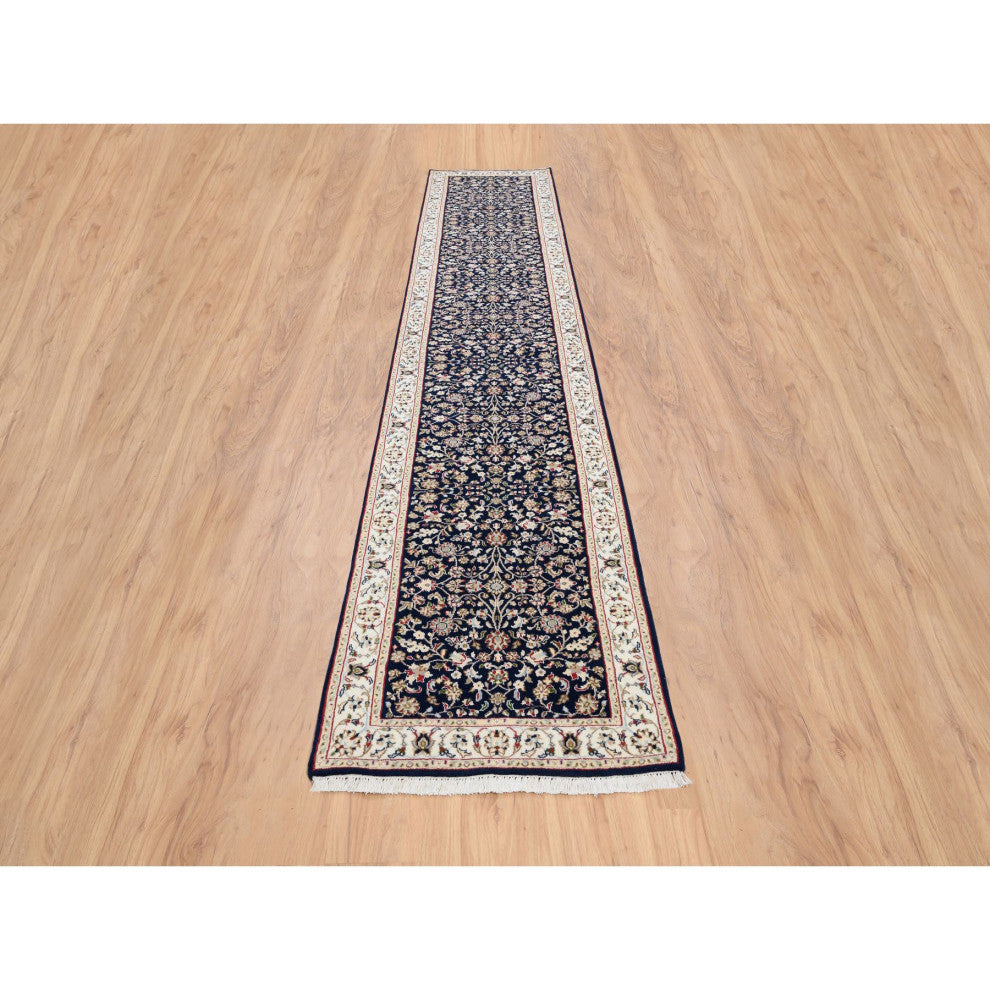 Midnight Blue Nain 250 KPSI Wool and Silk Hand Knotted Runner Rug 2'9" x 14'0"