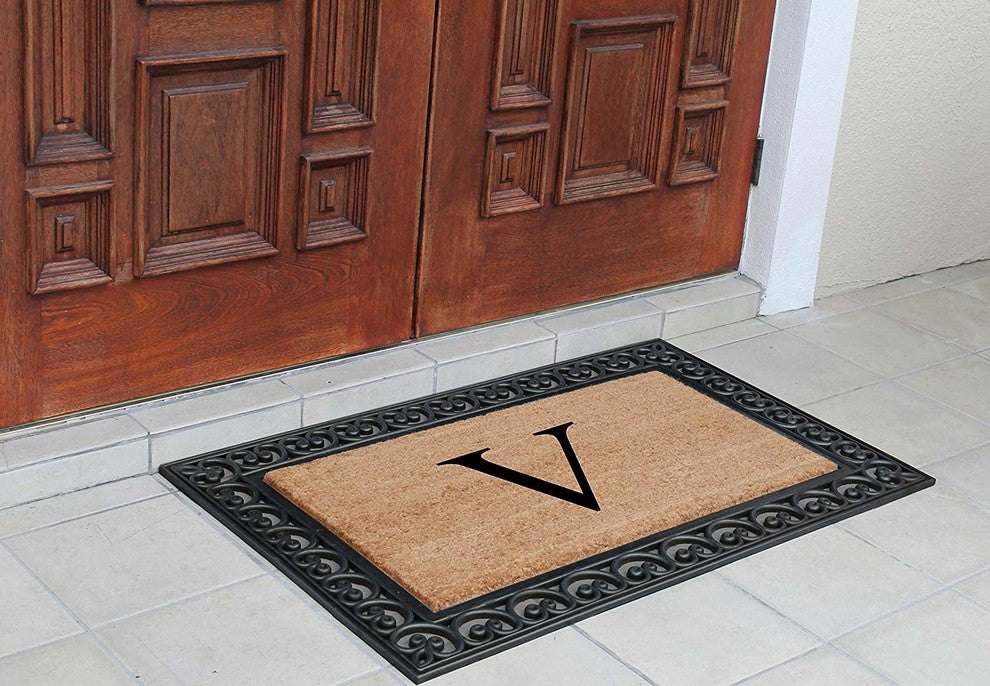A1HC Black Rubber and Coir Paisley Border Monogrammed Double Doormat, 30"X48", V