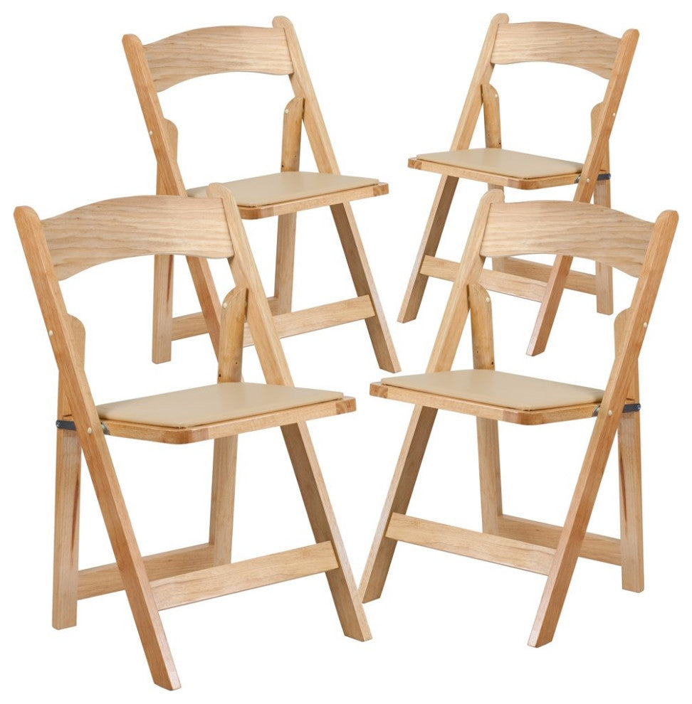 4 Pk. HERCULES Series Natural Wood Folding Chair with Vinyl Padded Seat