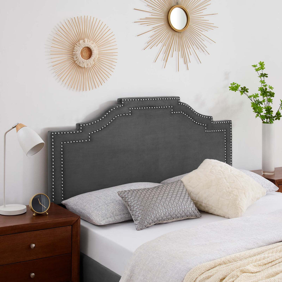 Headboard, Full Queen Size, Velvet, Dark Gray, Modern Contemporary, Bedroom