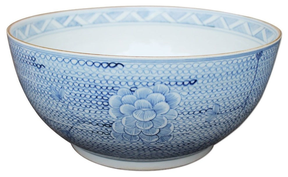 Blue and White Porcelain Chain Lotus Flower Large Bowl, 16"