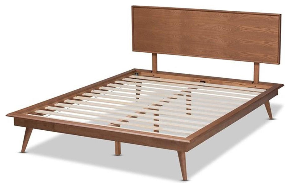 Karine Mid-Century Modern Walnut Browned Wood Queen Size Platform Bed