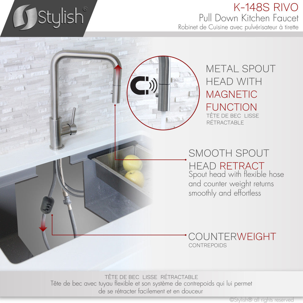 STYLISH Single Handle Pull-Down Dual Mode Kitchen Faucet Stainless Steel Brushed