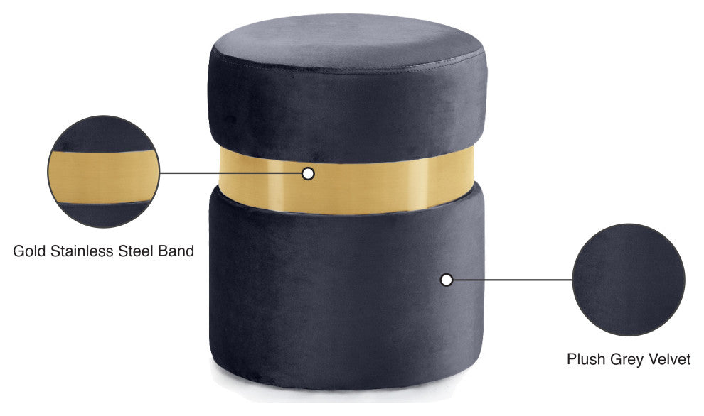 Hailey Velvet Upholstered Ottoman/Stool, Grey, Gold Band