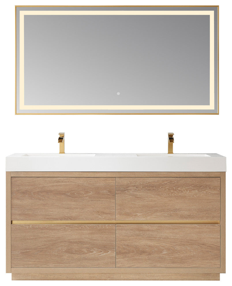 Huesca Bath Vanity, Integrated Sink Top, North American Oak, 60" Double Sink, With Mirror